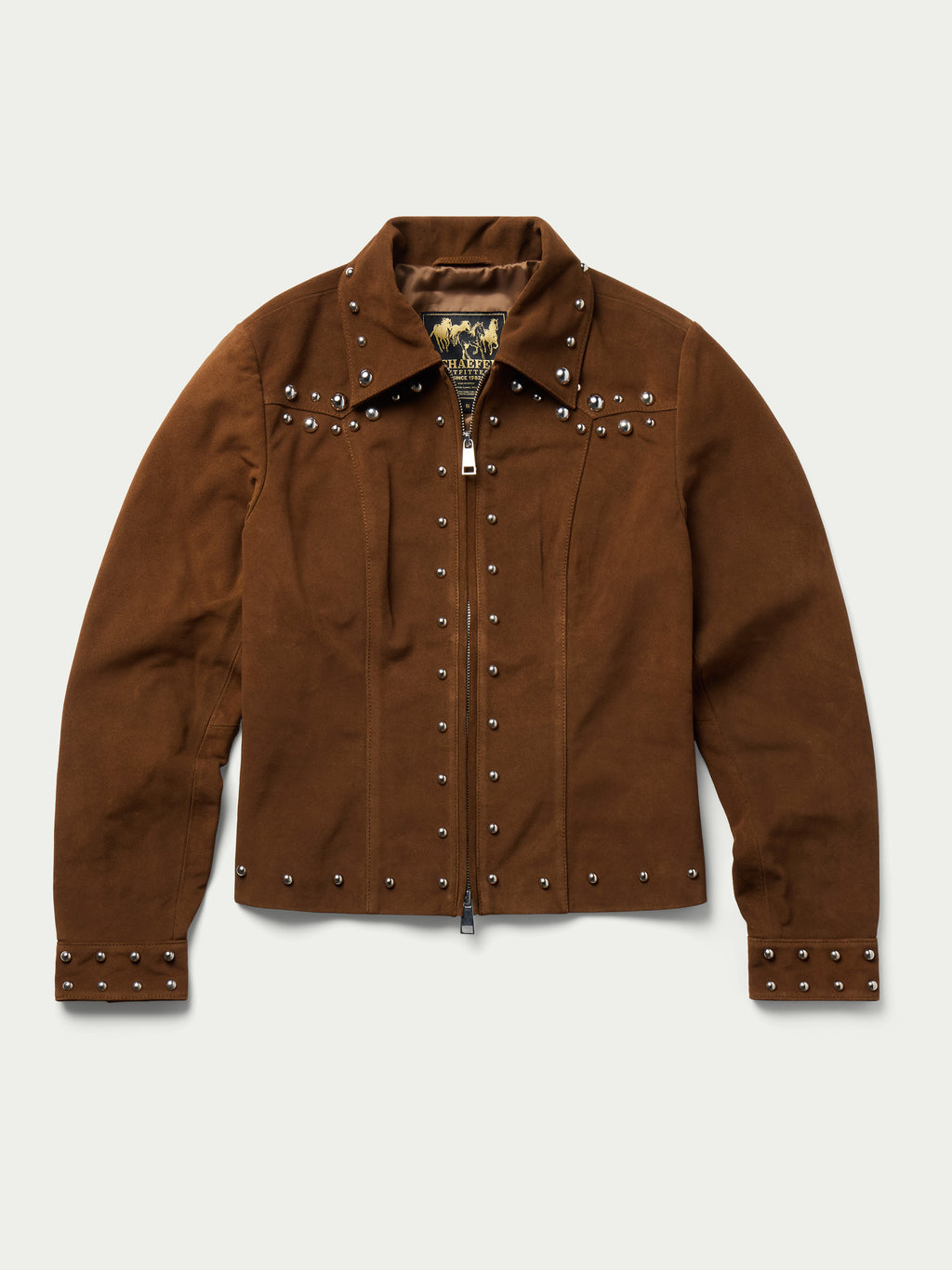 Pecan suede studded jacket, front view with silver studs and button placket