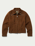 Pecan suede studded jacket, front view with silver studs and button placket