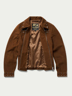 Pecan suede jacket back view with studded yoke and visible inner lining