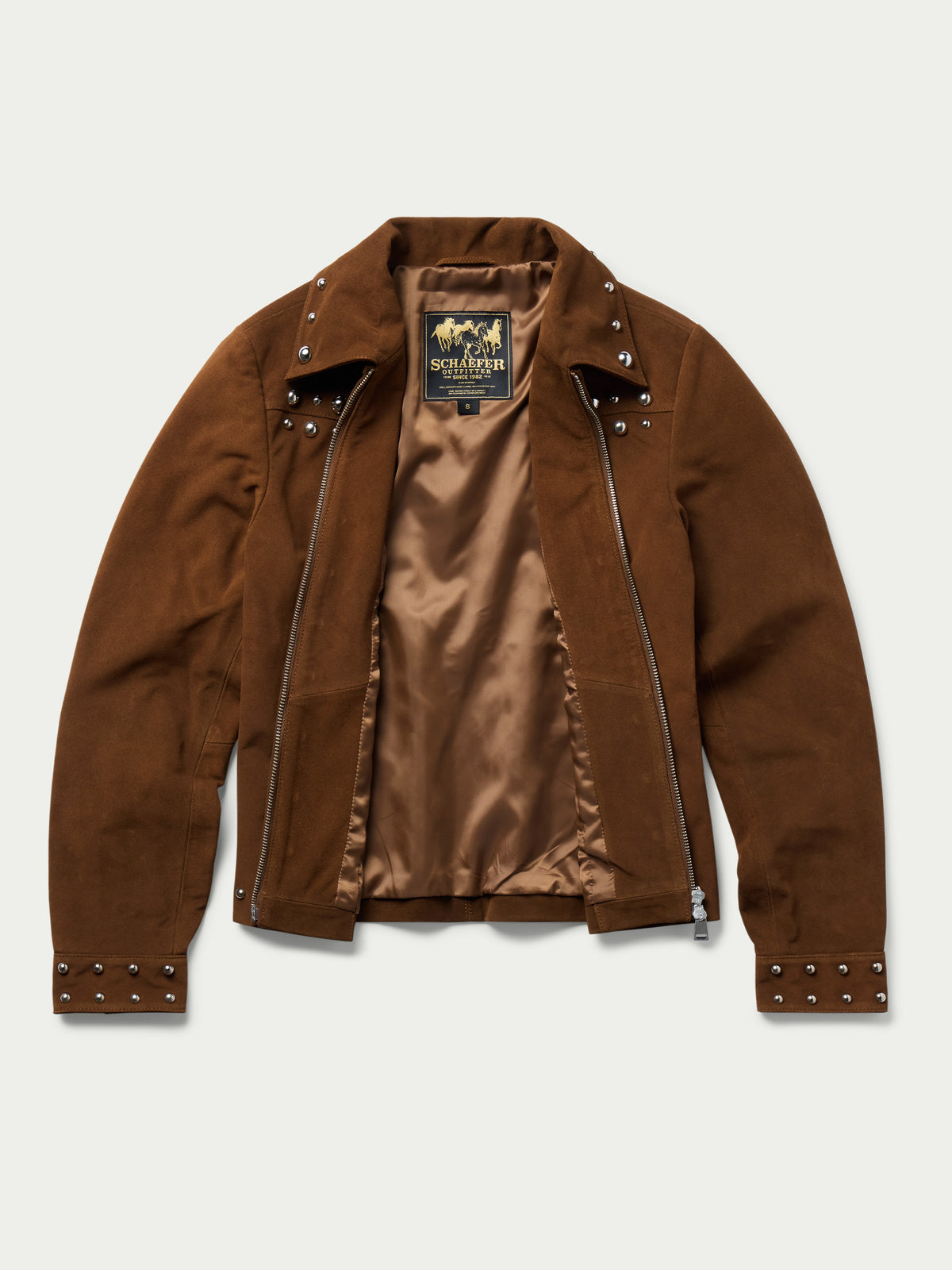 Pecan suede jacket back view with studded yoke and visible inner lining