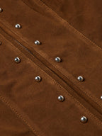 Pecan suede jacket close-up of stitched seams with silver studs