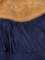 Navy suede cape fringe hem with tan embroidered border and scalloped trim