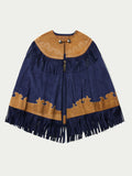 Women's suede fringe cape flat lay, navy with tan panels and fringe border