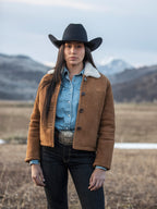 Brown shearling jacket with sherpa-lined collar and front button placket