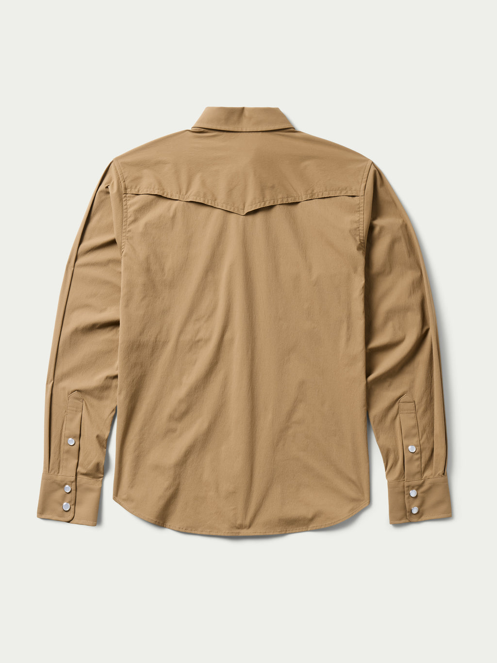 Tan western snap shirt back view with yoke seam and snap-button cuffs