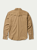 Tan western snap shirt back view with yoke seam and snap-button cuffs