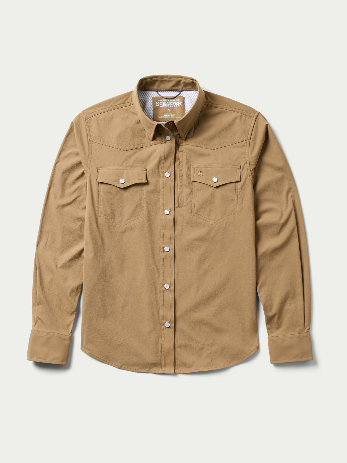 Tan western snap shirt front view with button-down snaps and two chest pockets