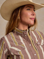 Women’s striped western snap shirt neckline with snap placket and chest pocket
