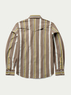 Women’s western snap shirt back view with vertical tan, cream, and yellow stripes
