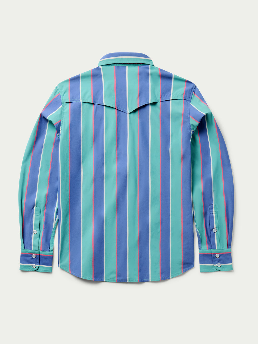 Women’s RangeTek western snap shirt in teal, blue, and pink vertical stripes, back view