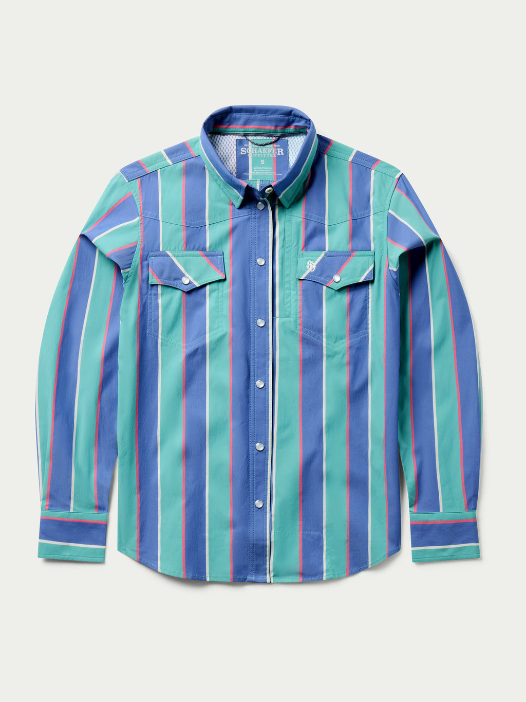 Women’s western snap shirt with front snaps and flap chest pockets, teal striped design