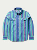 Women’s western snap shirt with front snaps and flap chest pockets, teal striped design