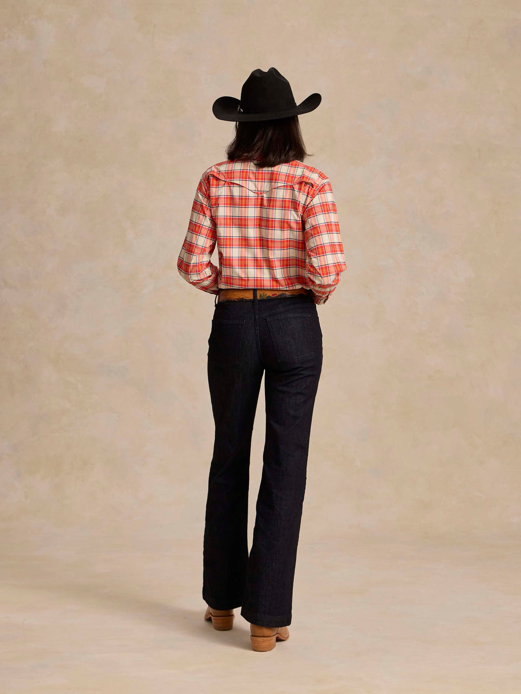 Women’s plaid snap western shirt, red and white, long sleeves; back view