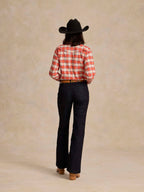 Women’s plaid snap western shirt, red and white, long sleeves; back view
