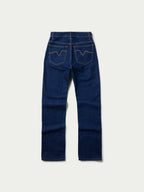 Dark indigo denim jeans, straight-leg fit with button-and-zip fly