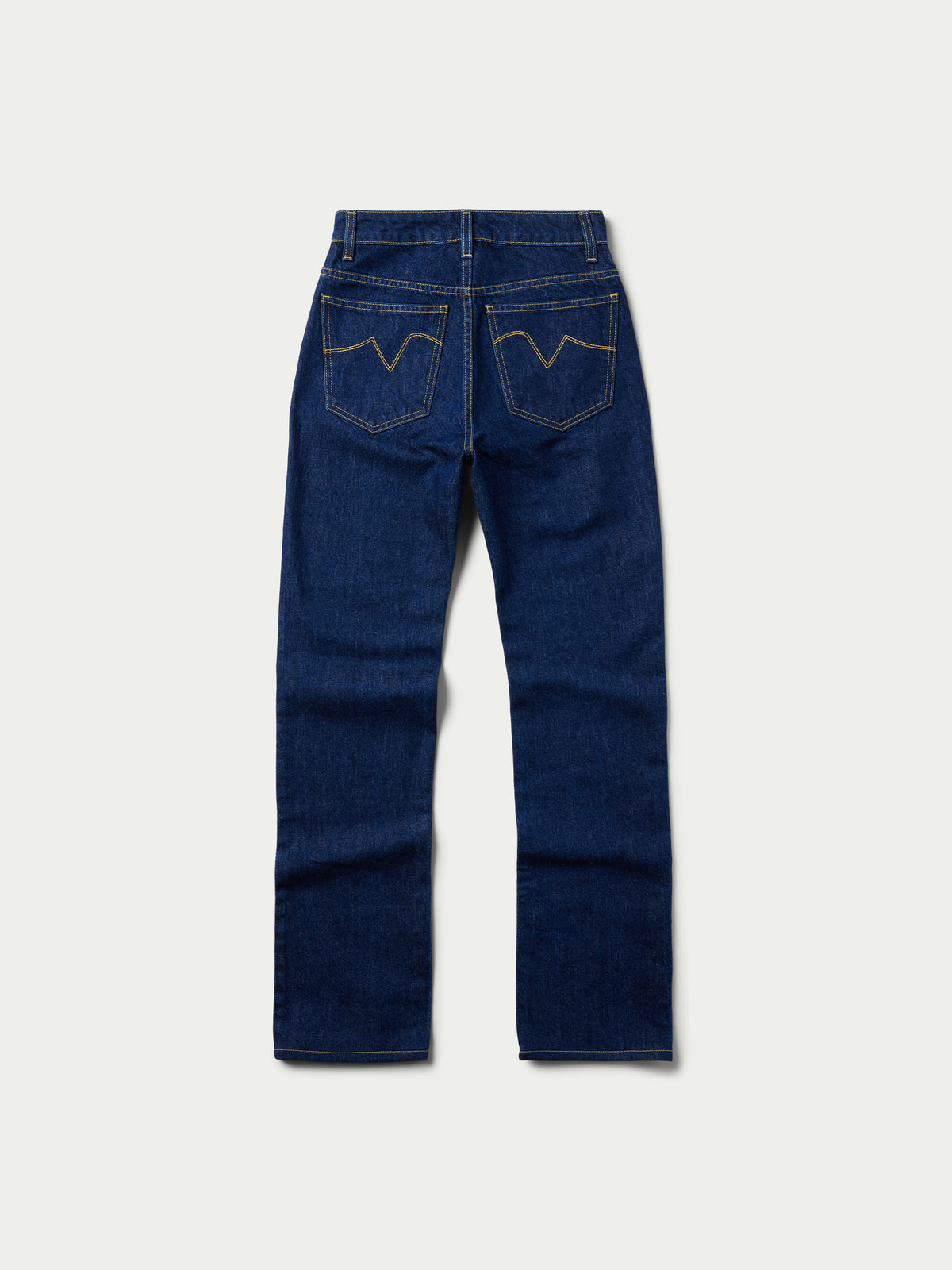 Dark indigo denim jeans, straight-leg fit with button-and-zip fly