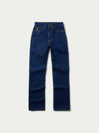 Dark indigo denim jeans with front pockets, belt loops, and zip fly