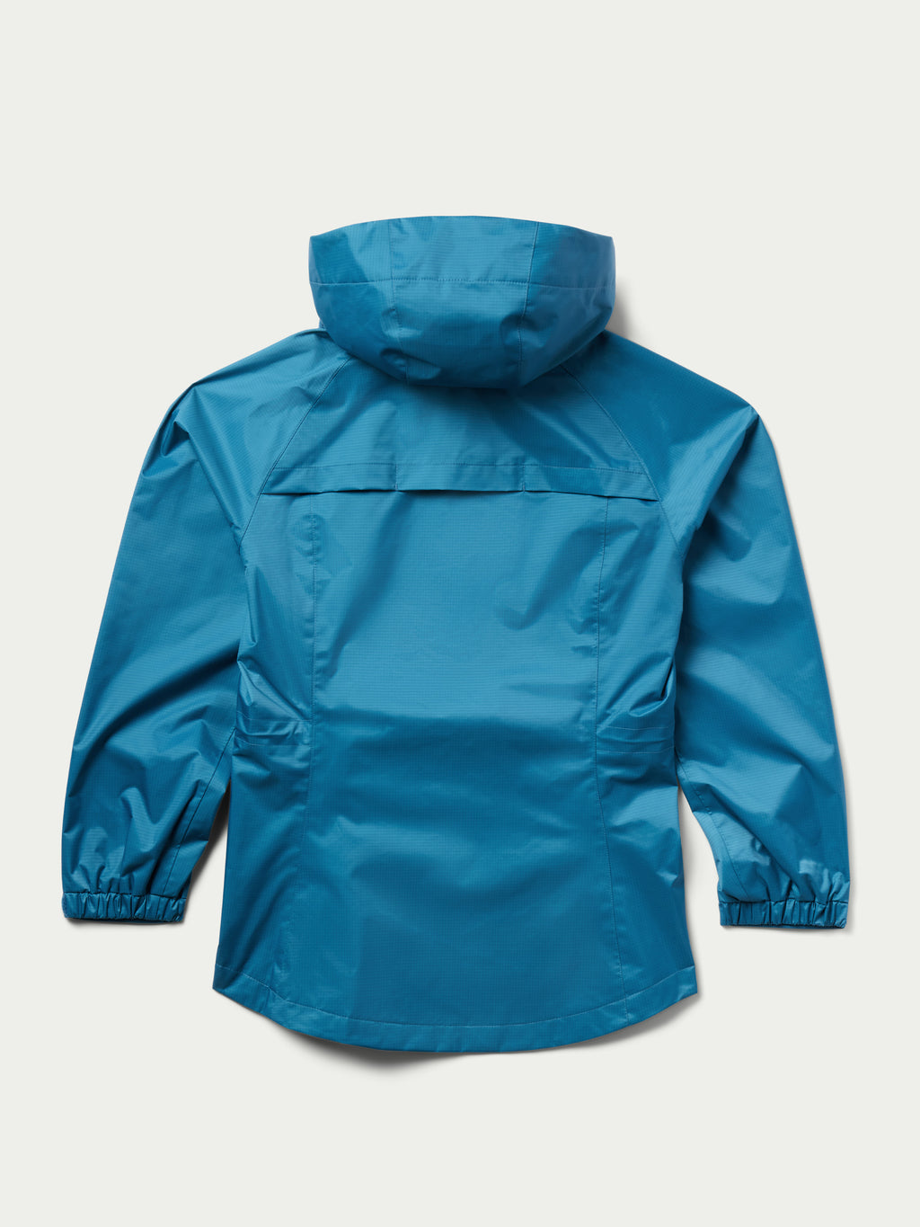 Rain jacket in Baltic blue with attached hood and front storm flap