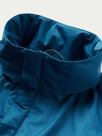 Baltic blue rain jacket hood with interior drawstring channel