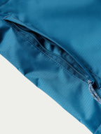Baltic blue rain jacket sleeve hem with elastic cuff and zipper seam detail