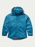 Baltic blue rain jacket front view with hood and long sleeves