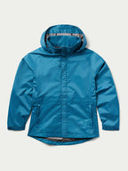 Baltic blue rain jacket front view with hood and long sleeves
