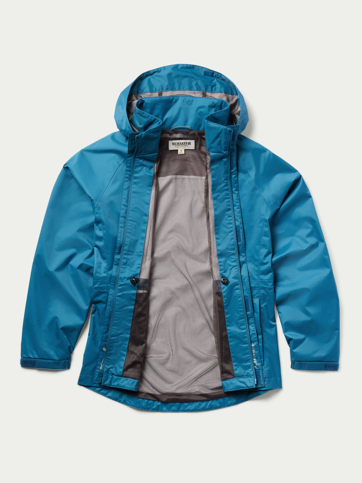 Baltic blue rain jacket open view showing gray inner lining and full-zip front