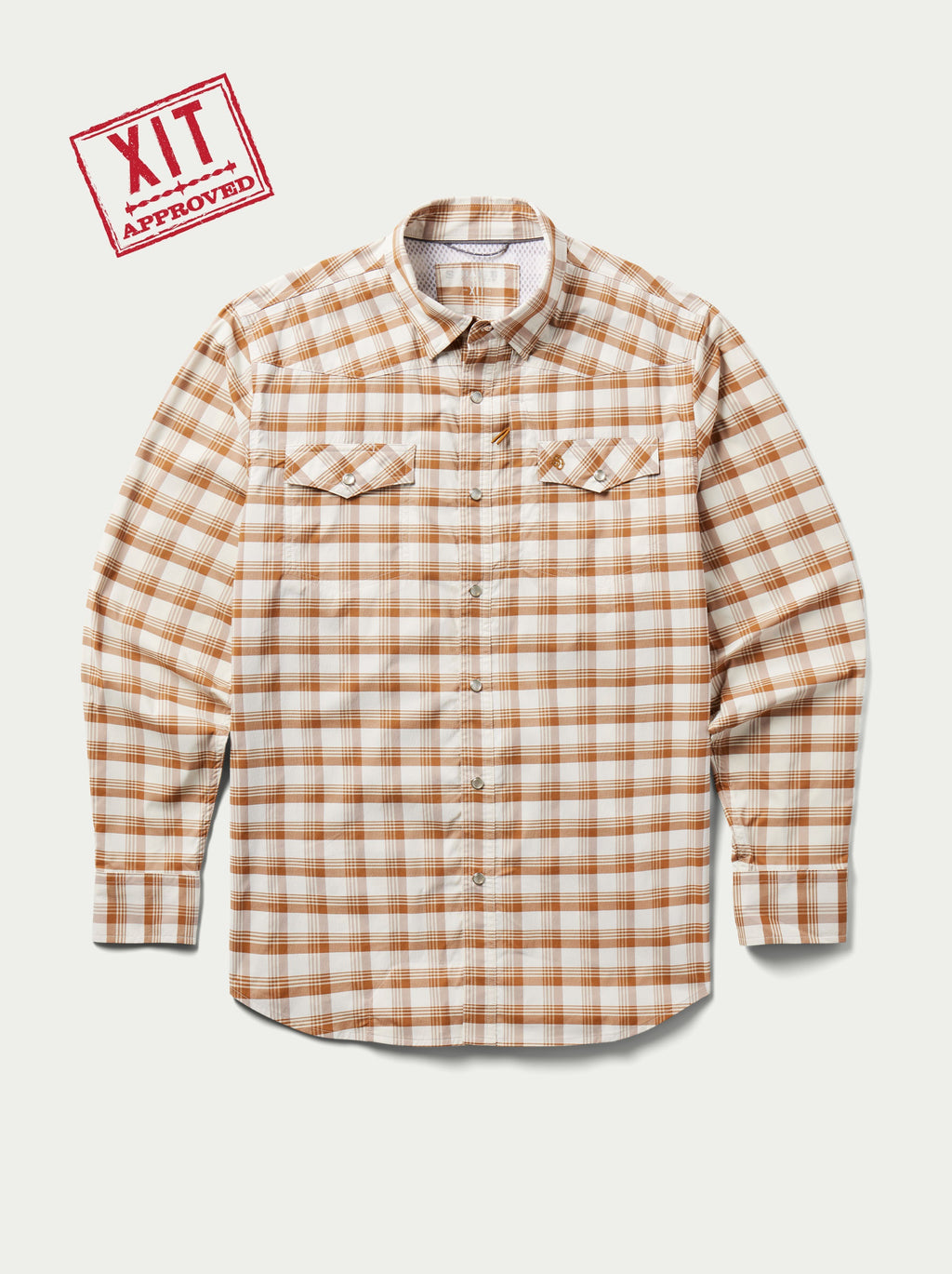 Western snap shirt in tan and white plaid with two chest pockets and long sleeves.