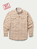 Western snap shirt in tan and white plaid with two chest pockets and long sleeves.