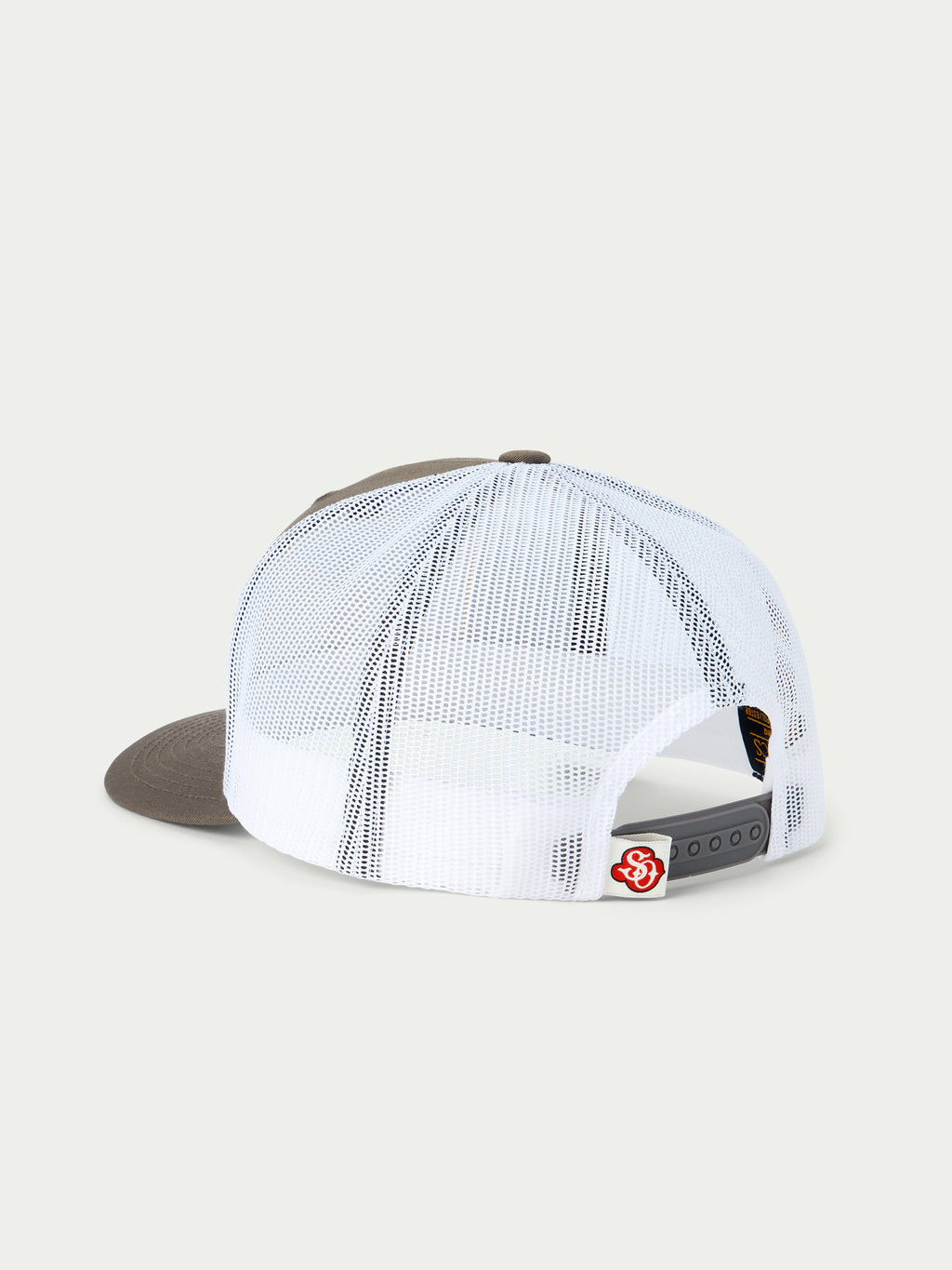 Brown and white mesh trucker cap with embroidered 'God Bless the West' patch