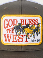 'God Bless the West' embroidered front patch on brown trucker cap