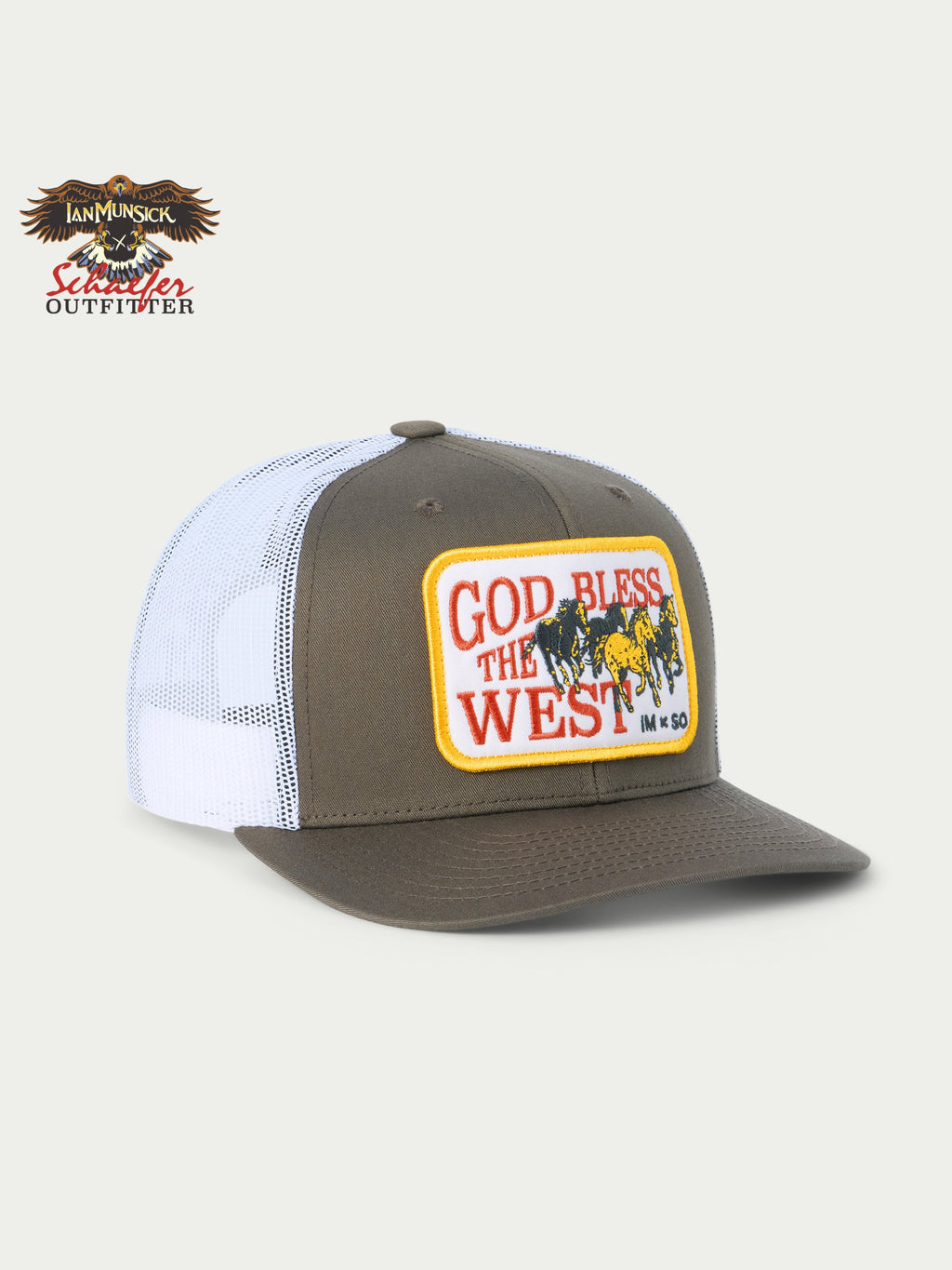 White mesh trucker cap with olive-brown front and 'God Bless the West' patch