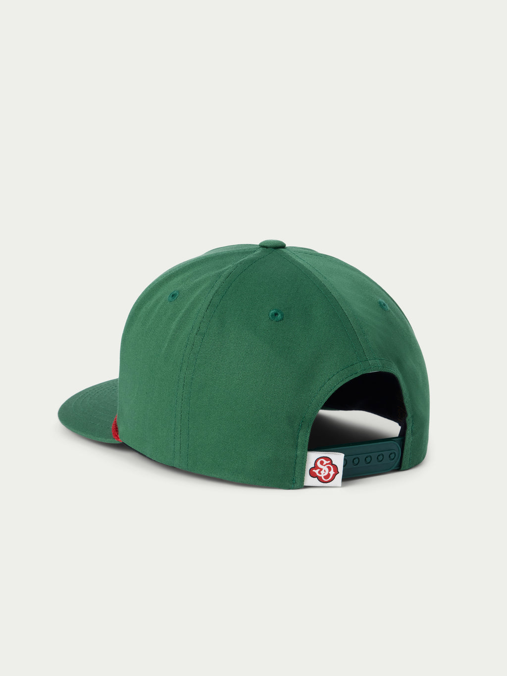 Green snapback cap with front patch and curved brim