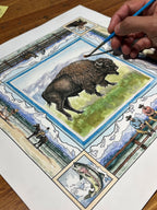 Wild rag scarf design flat on table with buffalo center and wildlife panels