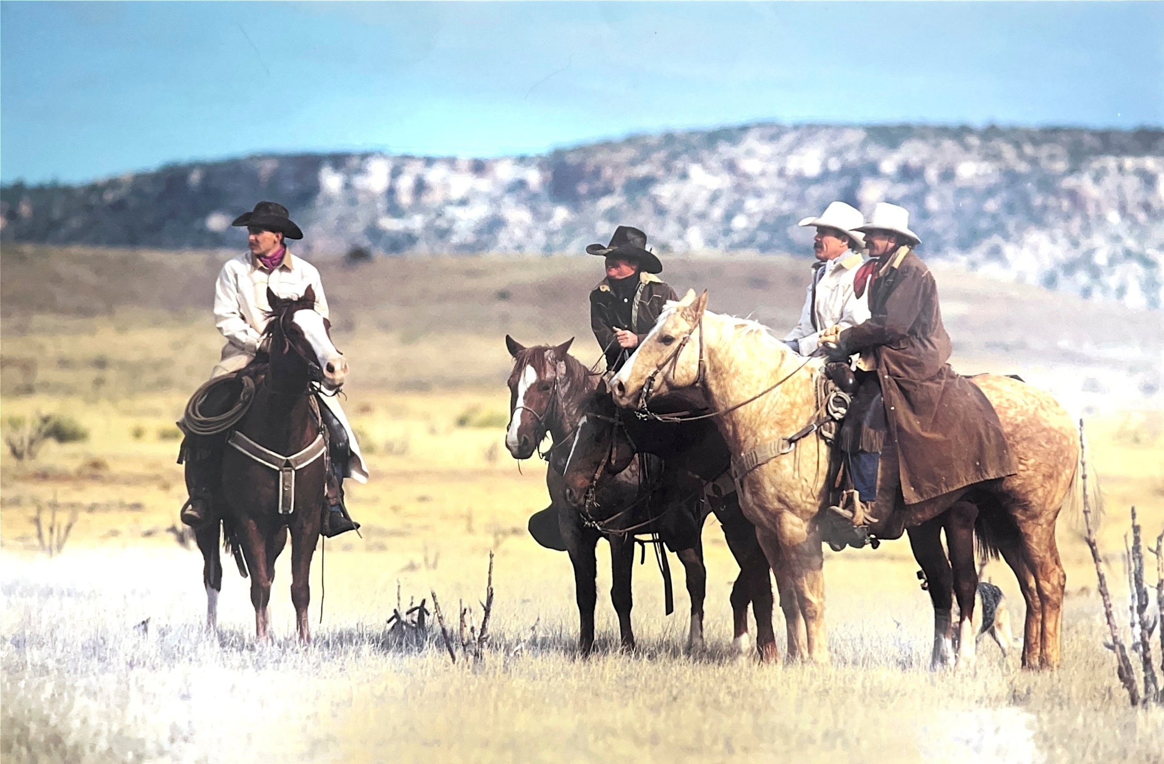 Four cowboys on horseback in a desert landscape with mountains in the background.