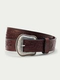 Dark brown western leather belt with embossed leaf pattern and large silver-tone buckle