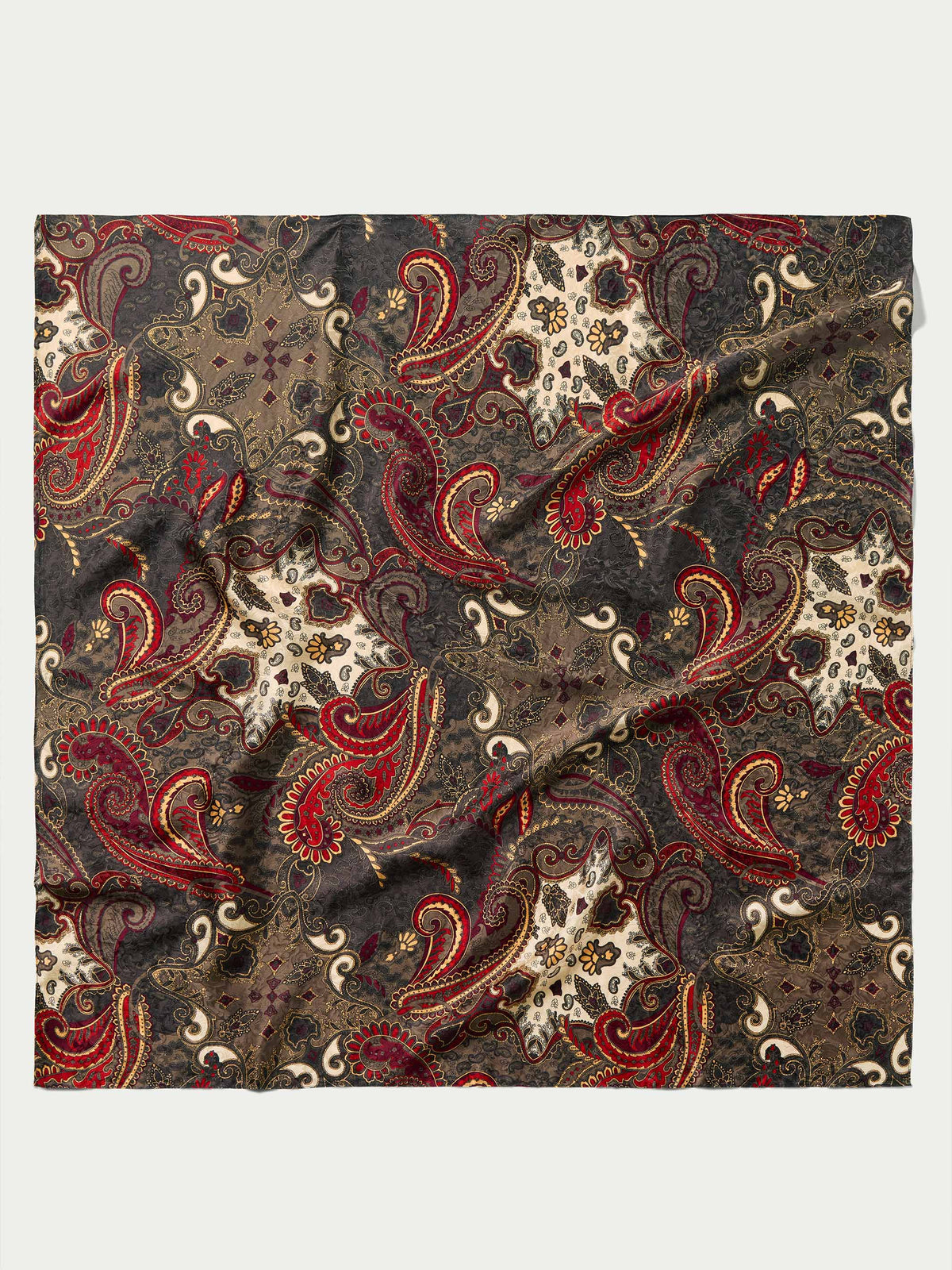 Paisley wild rag scarf in dark brown with red and cream ornate patterns