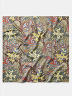 Square paisley fabric print scarf, blue, orange, gold, and cream