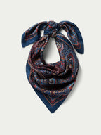 Paisley wild rag scarf in navy with rust paisley, knotted loop styling