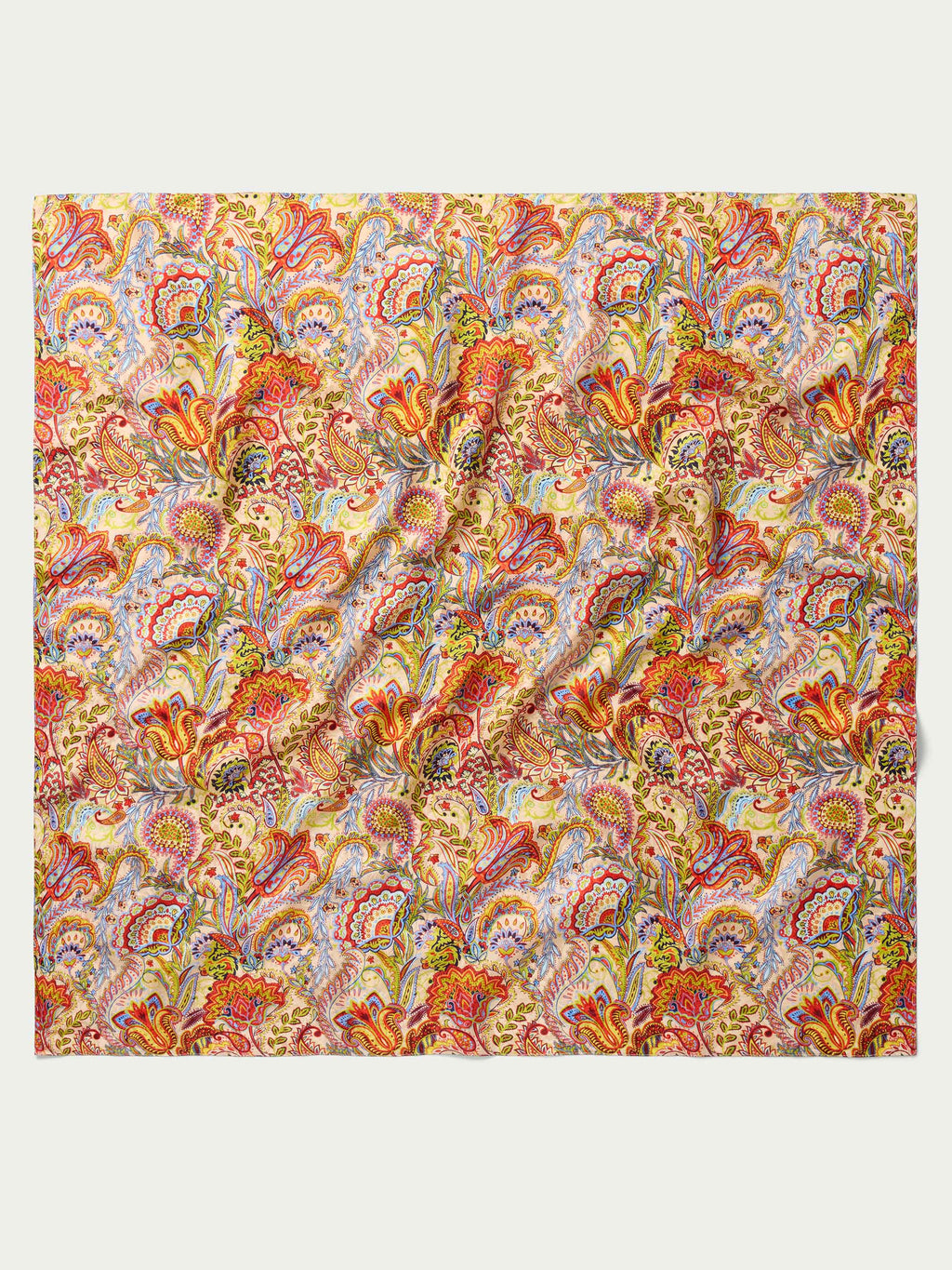 Paisley wild rag scarf with colorful red, orange, blue, and yellow swirl pattern