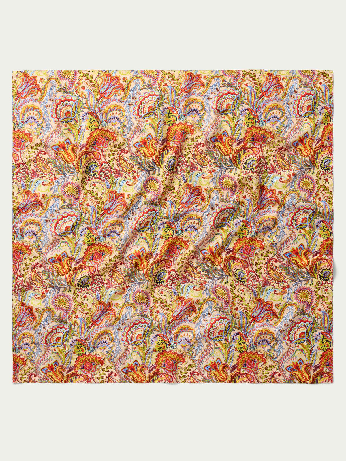 Paisley wild rag scarf with colorful red, orange, blue, and yellow swirl pattern