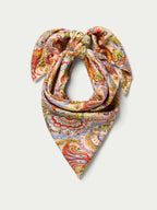 Multi-color paisley wild rag scarf, triangular drape with tied knot at center