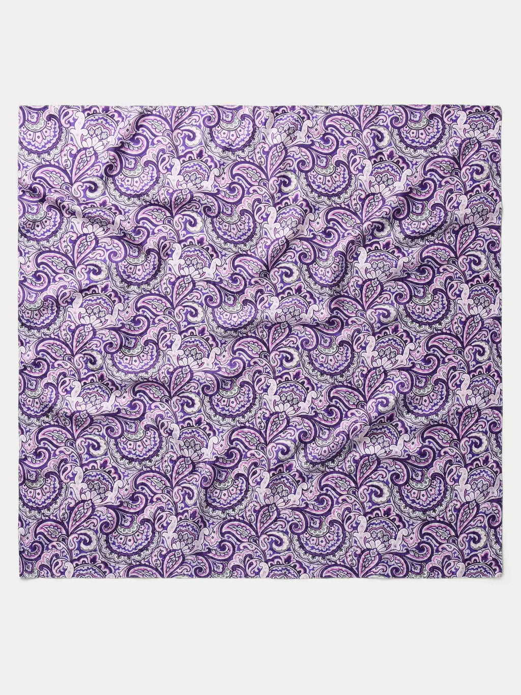 Purple paisley wild rag scarf with ornate swirl pattern, flat lay