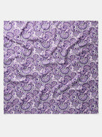 Purple paisley wild rag scarf with ornate swirl pattern, flat lay