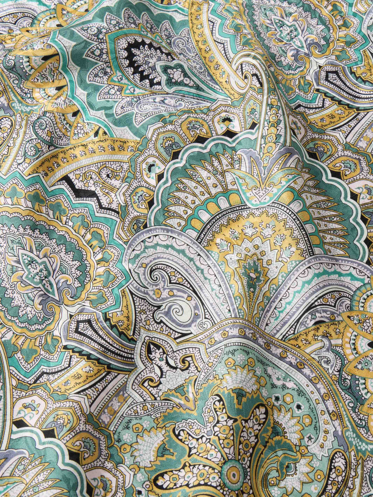 Close-up of sage, teal, gold, and cream paisley wild rag pattern with detailed rosettes