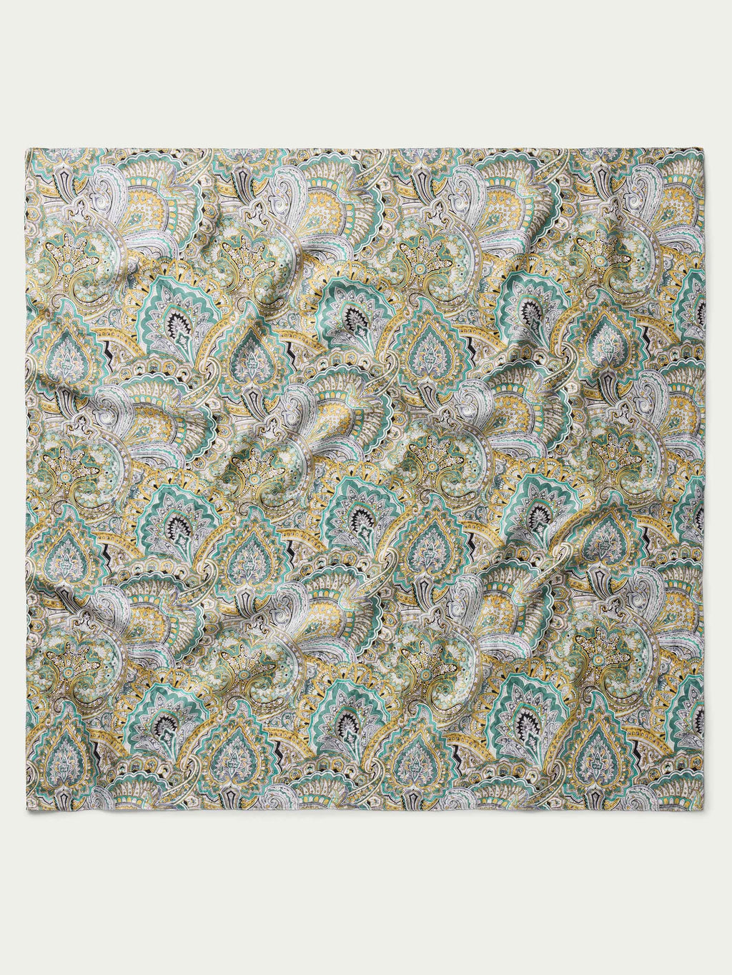Paisley wild rag scarf in sage and gold with teal and cream swirling paisley pattern
