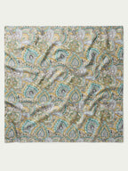 Paisley wild rag scarf in sage and gold with teal and cream swirling paisley pattern