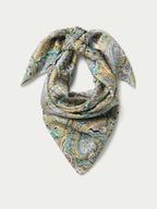 Paisley wild rag scarf, folded triangular wrap in sage, gold, teal, and cream