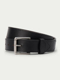 Black oil-tanned leather belt with rectangular silver buckle and stitched keeper
