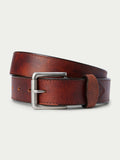 Dark brown oil-tanned leather belt with brushed silver buckle and stitched keeper